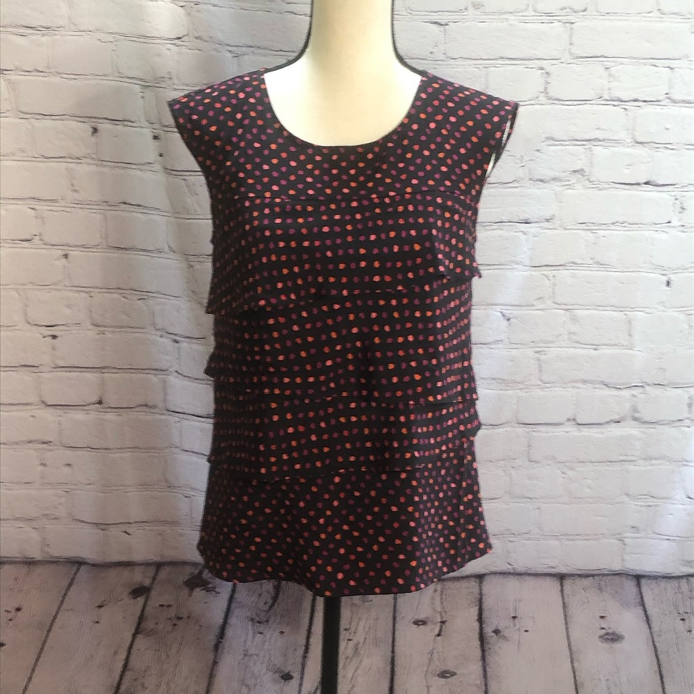 Loft| Black/pink/peach polka dot sleeveless blouse with layered front
